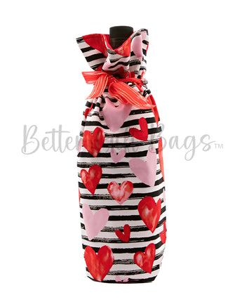 Pink & Red Hearts on Black & White Stripes